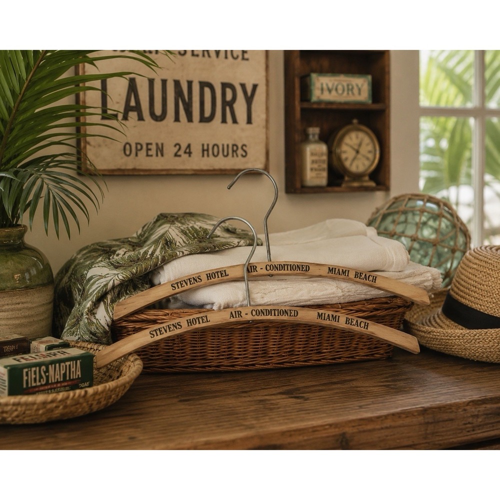 Stevens Hotel Miami Beach Wooden Clothes Hangers Lot of 2 Travel Advertising VTG